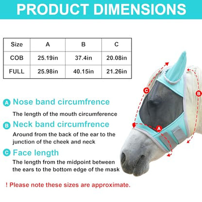Horse Fly Mask with Ears, Full Face Equine Fly Mask UV Protection - color: Turquoise, size: Cob (Medium)