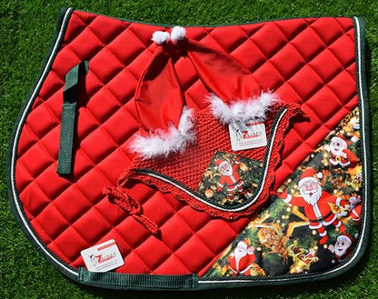 Christmas Santa Saddle Pad Set + Matching Ear Bonnet – Holiday Horse Riding Gear Festive Equestrian Gift Set Dressage, Hunter - size: COB