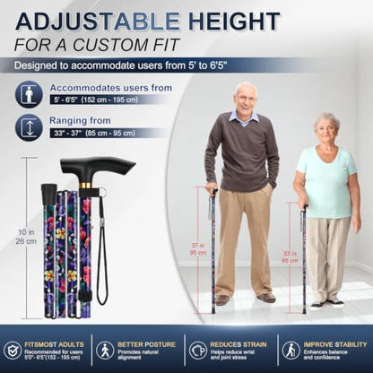 supregear Folding Cane, 5-Level Adjustable Height Walking Stick Lightweight Collapsible Portable Travel Cane with Wrist Strap and T Handle for Elderly Disabled Men Women - color: Black Large Floral