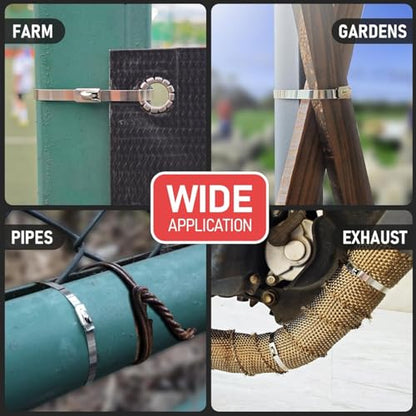 StainlessSteel Cable Tie Gun Set with 200PCS Ties - Special Tool For Fastening And Cutting Metal Cable Ties- Ideal for Chain Link Fence, Dog Fence,Outdoor Fencing, Exhaust Pipe.