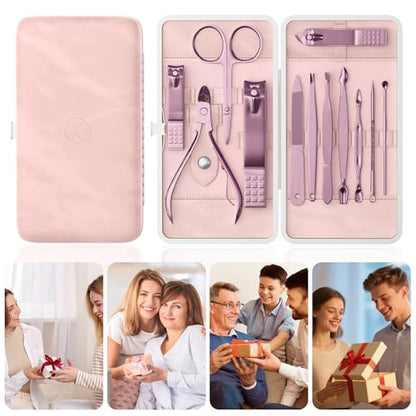 Manicure Set, Stainless Steel Nail Clipper Set with Travel Case | 12-Piece Set with Thicker Steel, Precision-ground Cutting Edges, and Smooth-finished Tools for Clean, Precise Trimming. - color: Rose Purple