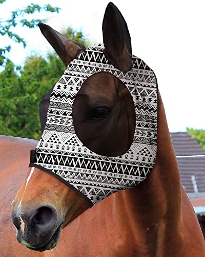 Harrison Howard Super Comfort Stretchy Fitting Horse Fly Mask with UV Protection Soft on Skin with Breathability Doodle Aztec Pony - color: Doodle Aztec, size: Pony