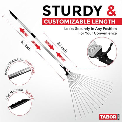 TABOR TOOLS J16A Adjustable Metal Leaf Rake with Expandable Head 8-23", Collapsible & Telescopic Grass Rake for Lawns, Garden & Yard, Ideal for Leaves, Shrubs & Small Areas