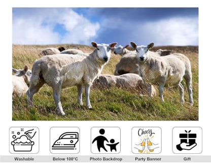 8x8ft Fabric White Wool Sheep Backdrop Flock Grazing Dry Grass Hill Fluffy Cloud Bright Blue Sky Farm Background Tapestry Pasture Animal Decorations Photo Booth Props - size: 8x8ft
