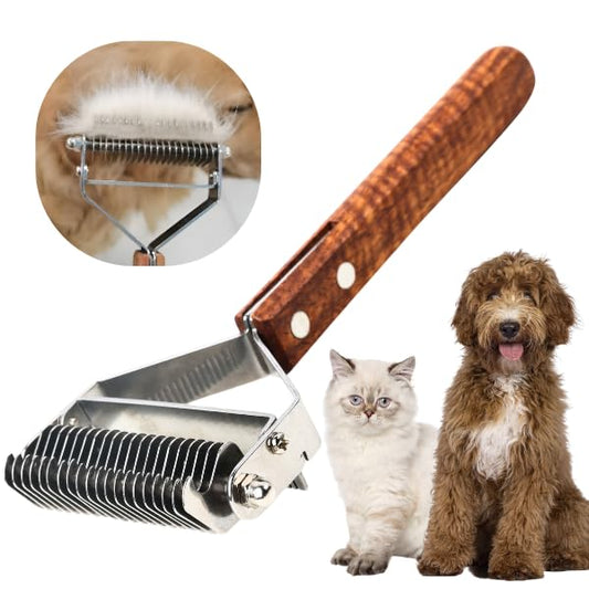 2 in 1 Dogs Cats Dematting Grooming Comb, Perfect Deshedding Undercoat Rake for Poodle & Goldendoodle, Efficiently Detangling Shedding Loose Hair & Matted Fur, All Long Haired Pet (Dark) - color: Dark Walnut