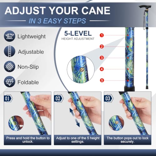 supregear Folding Cane, 5-Level Adjustable Height Walking Stick Lightweight Collapsible Portable Travel Cane with Wrist Strap and T Handle for Elderly Disabled Men Women - color: Oriental Blue