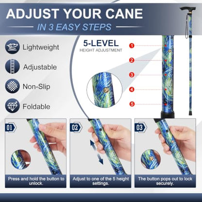 supregear Folding Cane, 5-Level Adjustable Height Walking Stick Lightweight Collapsible Portable Travel Cane with Wrist Strap and T Handle for Elderly Disabled Men Women - color: Oriental Blue