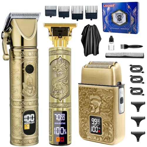 Hair Clippers for Men Professional, Beard Trimmer Kits & Sets, Cordless Mens Hair Trimmer, Electric Shavers, Haircutting Machine with LED Display (Bronze-3in1) - color: Bronze-3in1
