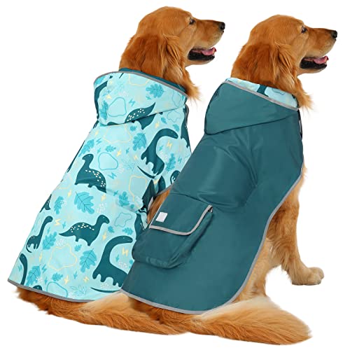 HDE 2-in-1 Reversible Dog Raincoat Hooded Poncho Rain Jacket Teal Dino L - color: Dinosaurs, size: Large