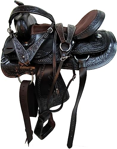 ADB CREATIONS Western Leather Horse Saddle Hand Tooled Floral Design, Premium Brown Leather, Comfortable Deep Seat 10"-18", Durable Trail & Ranch Riding Saddle with Accessories, Strong Tree - size: 15" Inch