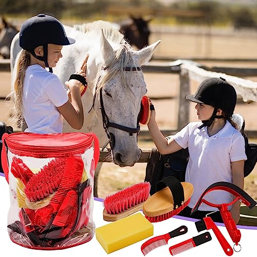 Cunhill 9 Pcs Horse Grooming Kit with Bag Curry Brushes,Cute,Red - color: Red, style: Cute