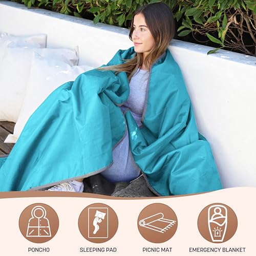 Tirrinia Waterproof Outdoor Blanket with Sherpa Lining, Windproof Foldable - color: Aqua/Grey, size: 59” x 80”