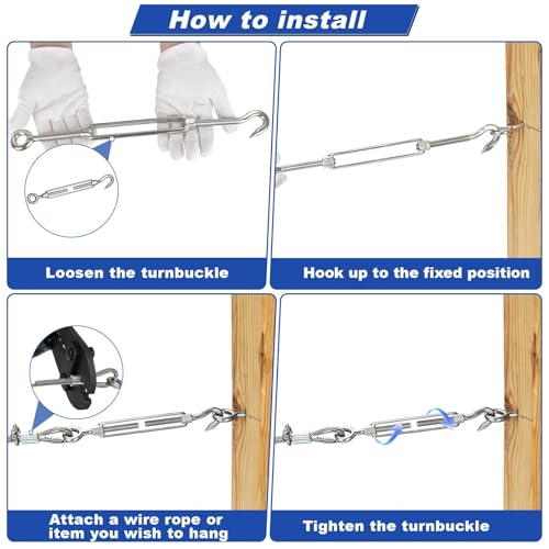 TooTaci 10PCS M10 Turnbuckle, 304 Stainless Steel Turnbuckle Hook and Eye | Turnbuckle Wire Tensioner, 660 lb Heavy Duty Adjustable Turnbuckles for Cables Wire, Cable Tightener, Trampoline, Tent, Tarps - size: M10 OC-10Pcs