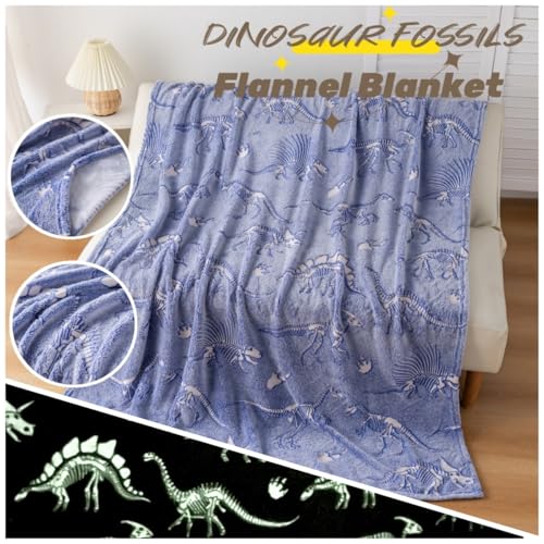 Best Gift Dinosaur Gifts Toys for Kids Boys, Fossil Pattern Blankets Glow in The Dark Throw Blanket, Soft Plush Kids Blanket, Fun Theme, Birthday, 50"*60", Blue - color: Dinosaur Fossil Blue