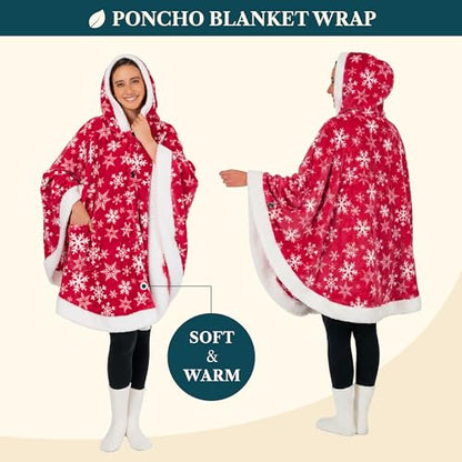 PAVILIA Hooded Blanket Poncho, Fleece Wearable Shawl Wrap, Snowflake Red | Fleece Shawl Wrap with Hood, Adult Wearable Blanket, Cozy Warm Poncho Cape Throw with Pockets, Gift for Elderly Mom - color: Snowflake Red