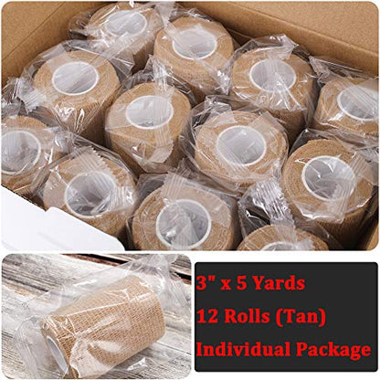 12 Rolls Elastic Self Adhesive Bandage Wrap 3 Inch, Breathable Non Woven Cohesive Bandage, Vet Wrap for Dogs, Ankle Sprains Swelling Tape, Sports Athletic Tape Brown - color: 3 Inch-12 Count Tan