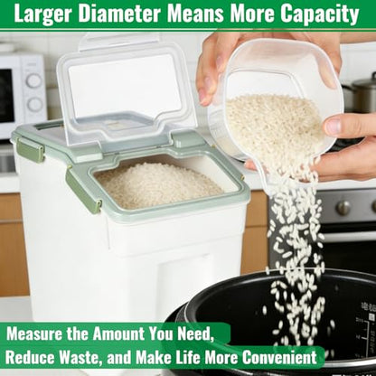 Rice Container 25 lbs Large Bulk Flour Sugar Storage Holdhouse Plastic Grain Cereal Dry Goods Bin with Spoon and Measuring Cup for Kitchen Pantry Organization - Green - color: Green