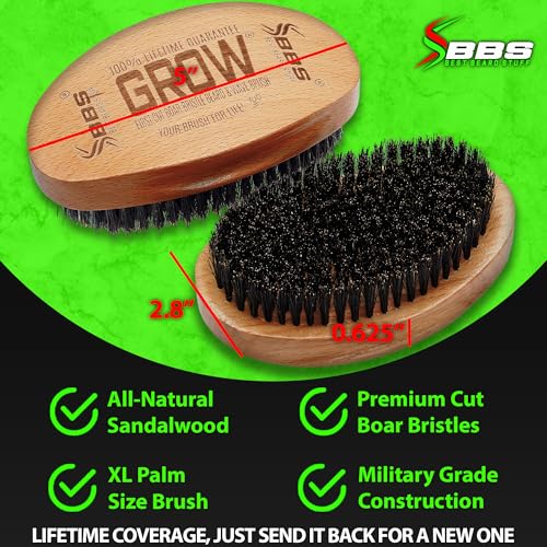 Beard Growth Kit w/GROW XXL Beard Oil/Serum for Facial Hair Growth for Men + 100% Lifetime Replacement First Cut Boar Bristle Brush & 360 Wave Brush for Men - Formulated in America - size: XL Brush + GROW Oil