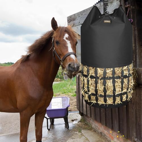 Hay Bags for Horses, Cylindrical Slow Feed Hay Bag | with Rounded Diamond Nets Design for Goats, Horse, Donkey, Large Easy-Fill Top with Drawstring and Adjustable Strap