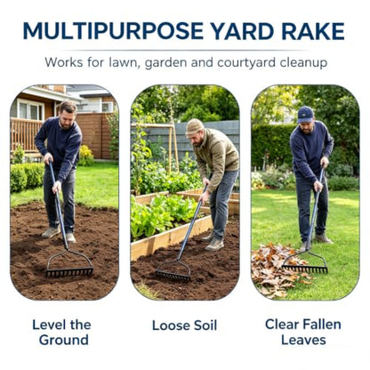 WIKER Heavy Duty Steel Garden Rake, 57 Inch Fiberglass Long Handle with 14 Tempered Tines, One-Piece Non-Slip Yard Rake for Soil, Gravel, Leaves, Gardening & Landscaping