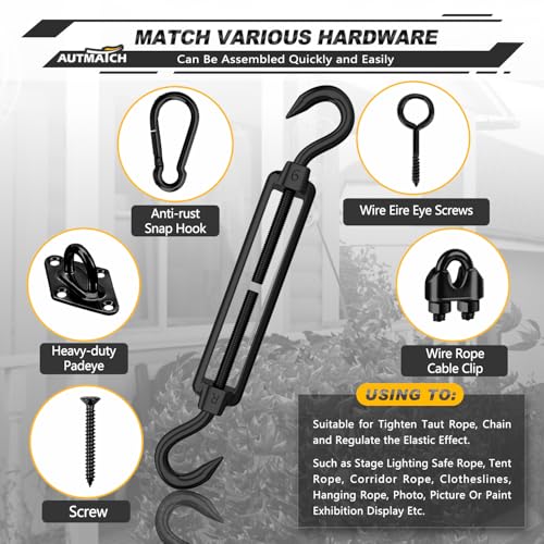 AUTMATCH M6 Hook&Hook Turnbuckle - 304 Stainless Steel Wire Rope Tensioner | Adjustable Turnbuckle for Cable Railing, Fence & Shade Sail Hardware, Wire Rope Tension Kit, 6-Pack, Black - color: Black Tone - Hook & Hook, size: M6