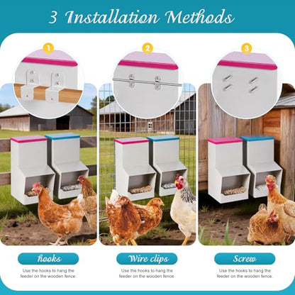 2PCS Metal Automatic Chicken Feeder, Wall Mount Hanging Poultry Feeder Dispenser with 2 Ports, 7lb Chicken Grit and Oyster Shell Feeder Trough No Waste for Outside Coop Quail Ducks Turkeys
