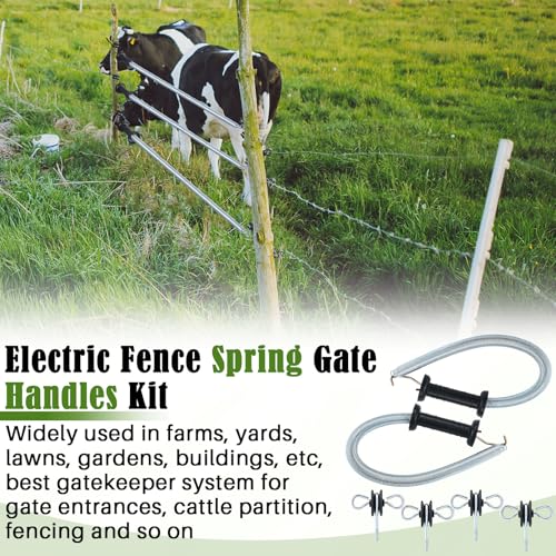 Hicarer 8 Set Electric Fence Gate Kit with Spring Handles & Screw-in Ring Insulators, 16ft Retractable Tension Spring for Farm, Ranch, Garden, Heavy Duty Black Electric Fencing Accessories for Safety