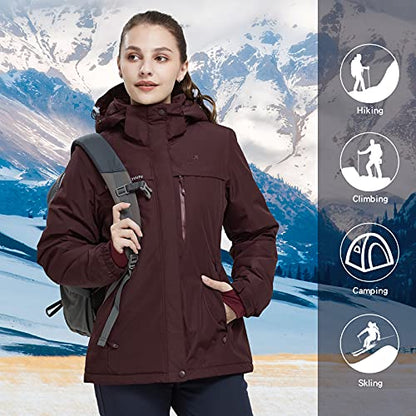 CAMEL CROWN Women’s Mountain Snow Waterproof Ski Jacket Detachable Hood Windproof Fleece Parka Rain Jackt Winter Coat - color: Wine Red, size: XX-Large