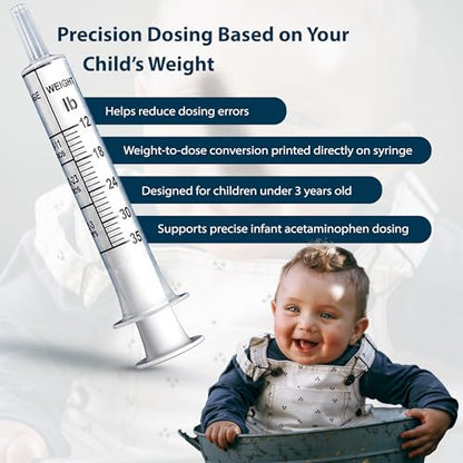 DOSE-2-WEIGHT 5mL Oral Syringe, Precision Dosing Dispenser for Infants Acetaminophen (160mg/mL), for Children Under 3 Yrs Old, Patented, Made in America