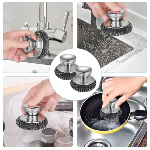 4Pcs Steel Wool Scrubber Set, Stainless Steel Scrubber with Stainless Steel Handle, for Cleaning Dishes, Cast Iron, Stock Pots, Pans, Griddles, Grills - color: Silver