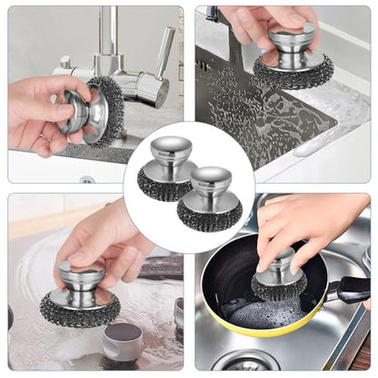 4Pcs Steel Wool Scrubber Set, Stainless Steel Scrubber with Stainless Steel Handle, for Cleaning Dishes, Cast Iron, Stock Pots, Pans, Griddles, Grills - color: Silver