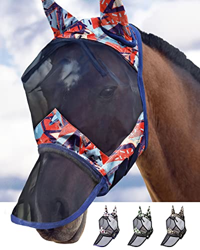 Harrison Howard LumiVista Horse Fly Mask Long Nose with Ears UV Protection for Horse Abstract Graffiti M Cob - color: Abstract Graffiti, size: Cob (Medium)