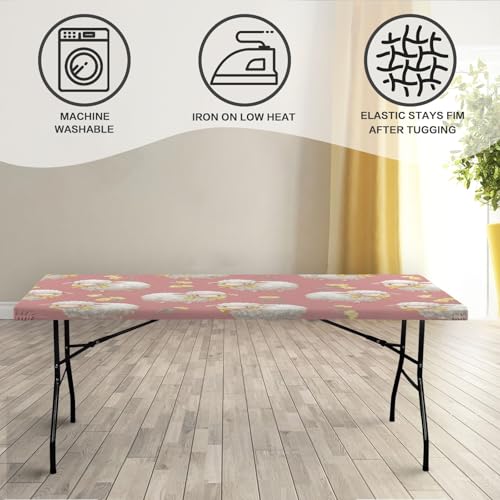 Rectangle Table Cloth,Pink Small Sheep Elastic Fitted Tablecloths 48x30 Inch,Waterproof Windproof Washable Polyester Table Cover for Picnic, Camping, Outdoor
