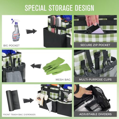 SCAVATA Wearable Cleaning Caddy, Cleaning Caddy Supplies Organizer with Handle & Shoulder Straps for Housekeepers, Under Sink & Car Cleaning Tool Organizers Bag with 4 Foldable Divider (GreenPlaid) - color: GreenPlaid
