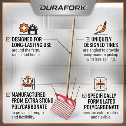 FarmTek DuraFork Manure Fork – 52" Handle, Heavy-Duty Polycarbonate
