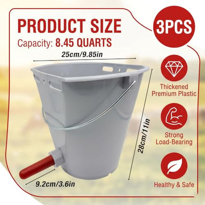 3 Pcs 8.45 Quart Calf Nursing Bucket Feeder with Nipple and Hanger | Hanging calf pails for over-the-fence feeding, suitable for calves, cattle, stalls, barns, and livestock care.