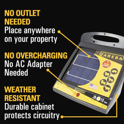 Zareba Solar Powered Low Impedance Electric Fence Charger, 15 Mile Solar Powered Electric Fence Energizer, Contain Animals, Keep Out Predators - ESP15M-Z