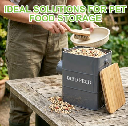 Metal Bird Seeds storage container,Outdoor Bird Container Canister, Pet Food Bin with Wooden Lid/Handle/Food scoop,hold 5-6 Lbs of Wild Bird Seed Sunflower Seed-Preventing Squirrels-Gray - color: Gray