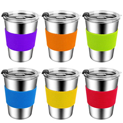 ShineMe Kids Cups with Lid, 12oz Stainless Steel Drinking Cups with Sleeves and Spill Proof Lid, Unbreakable Toddler Sippy Cups Apply to Indoor and Outdoor(6 Pack) - color: red,yellow,blue,green,orange,purple