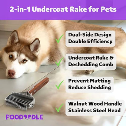 2 in 1 Dogs Cats Dematting Grooming Comb, Perfect Deshedding Undercoat Rake for Poodle & Goldendoodle, Efficiently Detangling Shedding Loose Hair & Matted Fur, All Long Haired Pet (Dark) - color: Dark Walnut