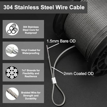 M5 Turnbuckles for Cables Wire, 200ft 1/16 Vinyl Coated 304 Stainless Cable - color: 60M+M5 Turnbuckle Wire Tensioner Kit