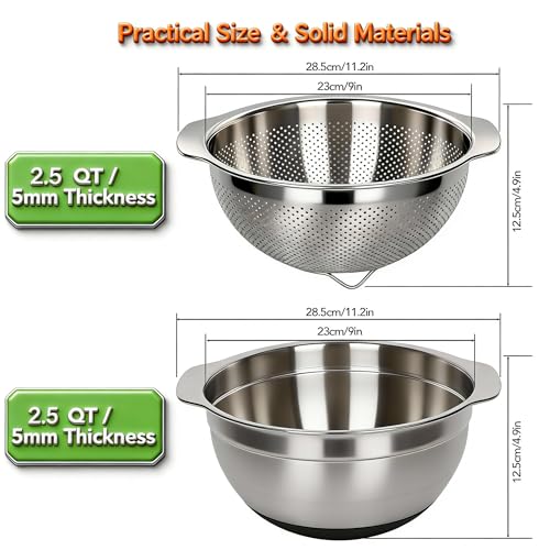304 Stainless Steel Colander, 2.5 QT Capacity and 2.5 QT Mixing Bowl, Micropore Strainer for Washing Rice, Fruit, and Veggies, Perfect Draining for Cooked Pasta - size: 2.5QT+2.5QT