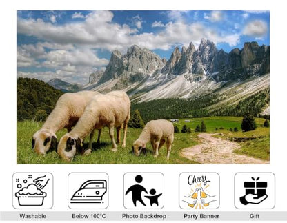 5x3ft Grass Sheep Mountain Backdrop White Wool Sheep Green Alpine Trail Sharp Rock Peak Cloudy Sky Photography Background Tapestry Party Pastoral Mountain Decorations Photo Booth Props - size: 5x3ft