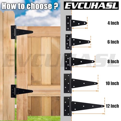 10 Inch T-Strap Gate Hinges, Shed Barn Door Hinges Heavy Duty, Black Tee Hinges for Wooden Fences, Yard Gate, Wrought Hardware Iron Rustproof (2 Pack/Set) - size: 10 Inch
