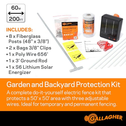 Gallagher Garden & Backyard Pet Protection Kit | Solar Electric Fence Kit for Deer, Rabbits, and Pets | 48in Posts with Polywire | Powers 200ft | Lithium Solar Energizer | Reliable Garden Protection