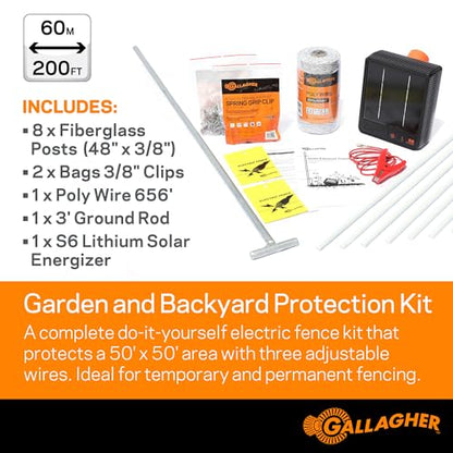 Gallagher Garden & Backyard Pet Protection Kit | Solar Electric Fence Kit for Deer, Rabbits, and Pets | 48in Posts with Polywire | Powers 200ft | Lithium Solar Energizer | Reliable Garden Protection