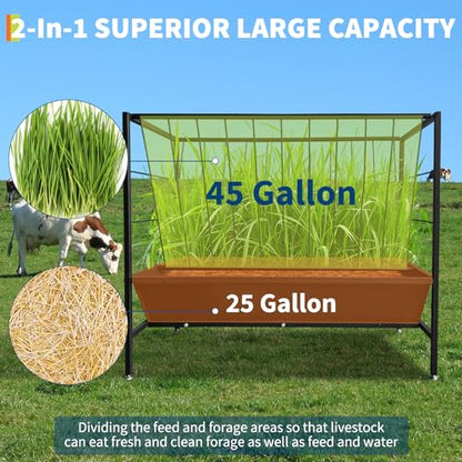 2-in-1 Heavy Duty Steel Hay & Grain Feeder Set – 45 Gallon Hay Trough with 24 Gallon Feed Pan, Durable Livestock Feeder Rack for Sheep, Goats, Calves, Cows, Horses