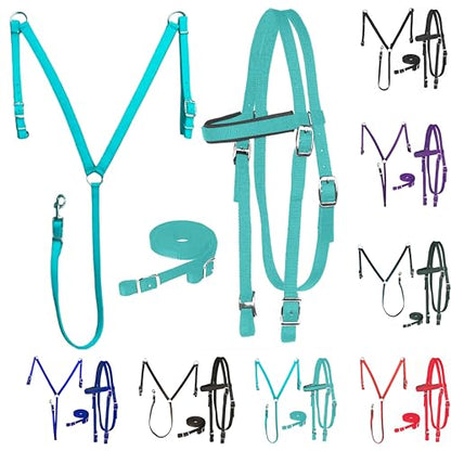 Majestic Ally Nylon Padded Equestrian Browband Headstall, Reins & BreastCollar Set for Horse- Full - color: Turquoise