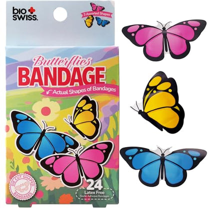 BioSwiss Bandages, Butterfly Shaped Self Adhesive Bandage Set, Latex Free, Sterile Wound Care, 24 Count - color: Butterflies, size: 24-Count Box