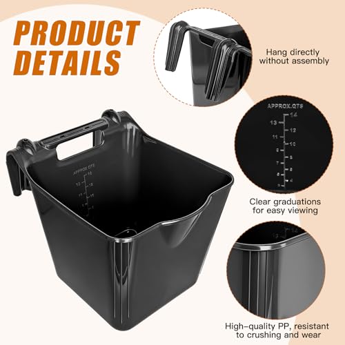 15 Qt Hook-Over Plastic Livestock Horse Feed Bucket, 6-Pack, Black | Heavy duty 15 quart hanging Fence Hay Feeder, mountable feed bucket for horse, sheep, cattle, ideal for stalls & pasture use